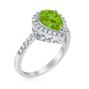 Halo Teardrop Bridal Filigree Ring Simulated Peridot CZ 925 Sterling Silver